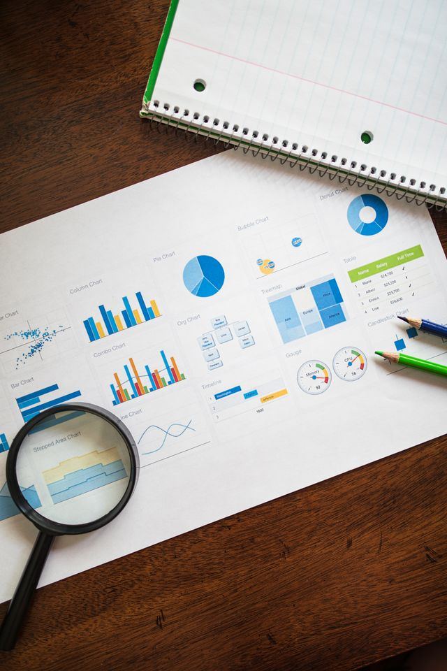 Printed financial charts examined under a magnifying glass