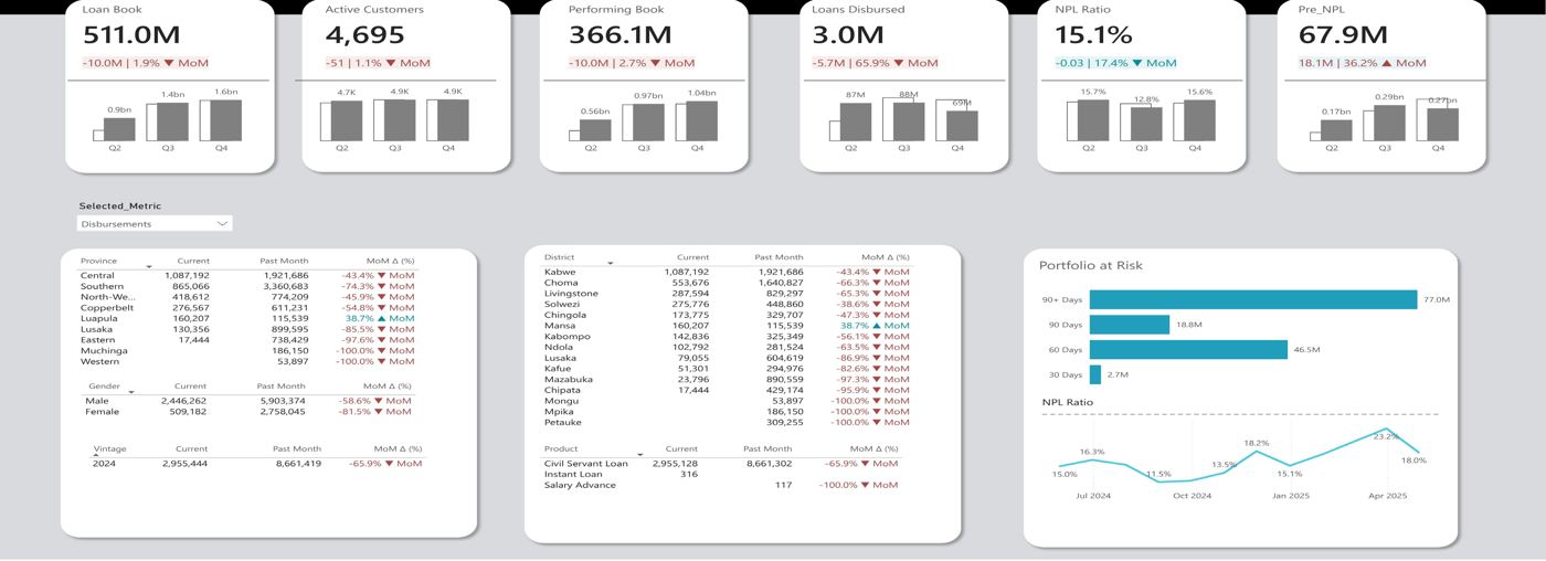Finwise Power BI loan dashboard with loan book, active customers, NPL ratio, disbursements by province and district, and portfolio at risk